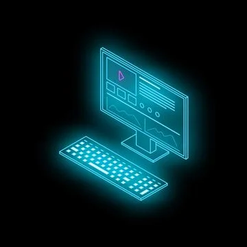 Neon computer displaying a video player with charts and a keyboard is set aga Stock Illustration