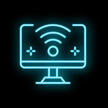 Neon computer displaying wifi signal icon on screen Stock Illustration