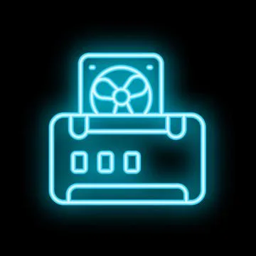 Neon computer fan cooling system icon glowing blue on black background Stock Illustration