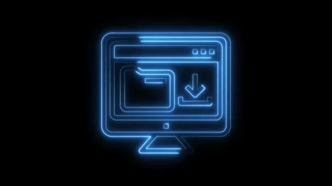 Neon computer with file folder and download arrow icon glowing on black Stock Footage 322971076