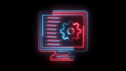 Neon computer with gear configuration icon animation red and blue futuristic Stock Footage 322989671