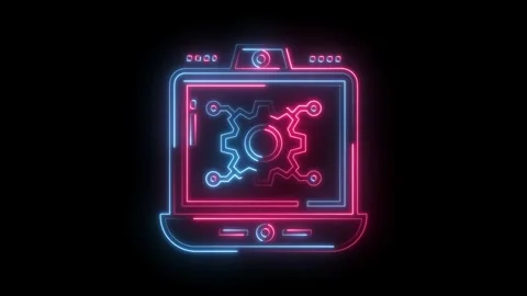 Neon computer with gear technology animation on black background for cyberpunk Stock Footage 322990165