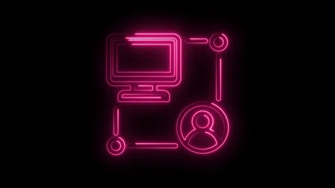 Neon computer icon connected to user profile symbol glowing pink on black Stock Footage 333961364