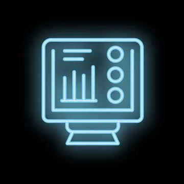 Neon computer icon displaying analytics dashboard with charts and data points Illustrazione stock