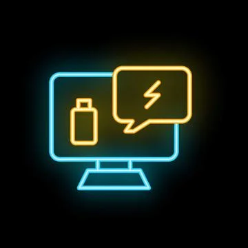 Neon computer icon displaying battery charging status on black background イラスト素材