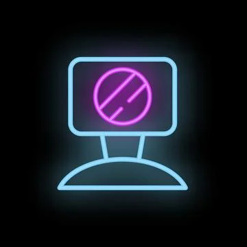 Neon computer icon displaying blocked website symbol on screen in pink and bl 库存插图