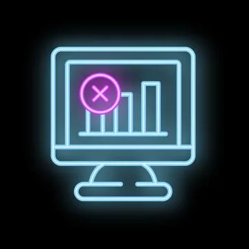 Neon computer icon displaying declining bar graph with error symbol Stock Illustration