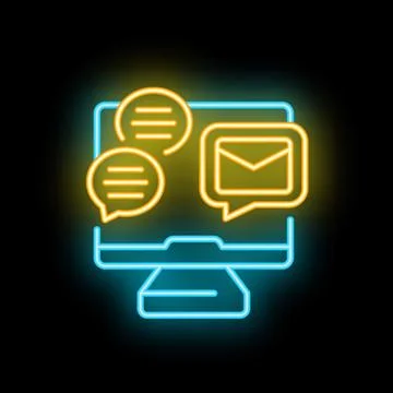 Neon computer icon displaying email and chat bubbles for online communication Stock Illustration