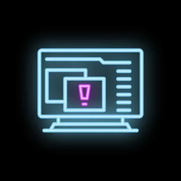 Neon computer icon displaying error message on black background Illustrazione stock