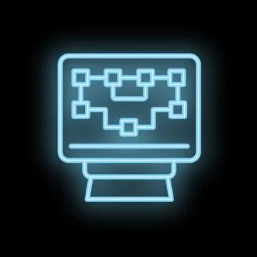 Neon computer icon displaying flowchart on screen 스톡 일러스트