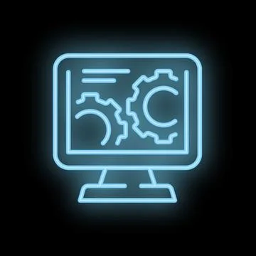 Neon computer icon displaying gears for settings or software development 스톡 일러스트