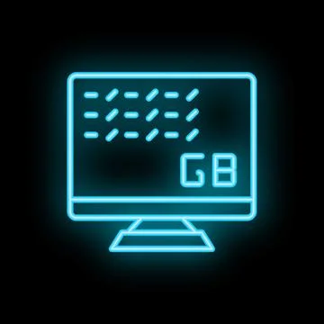 Neon computer icon displaying gigabyte symbol on screen Stock Illustration