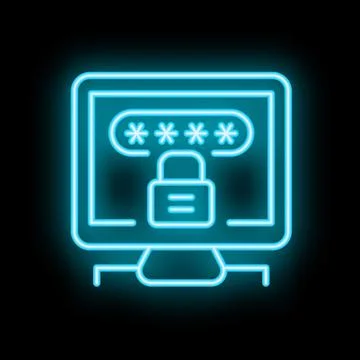 Neon computer icon displaying password protected screen with padlock Stock Illustration