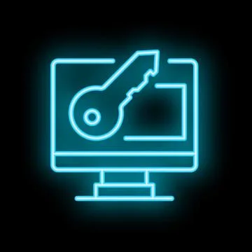 Neon computer icon displaying security key visual concept Illustrazione stock