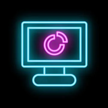 Neon computer icon displaying updating pie chart on black background Stock Illustration