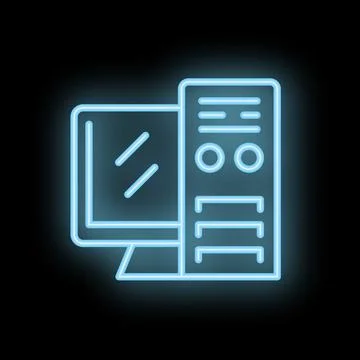 Neon computer icon glowing on black background Stock Illustration