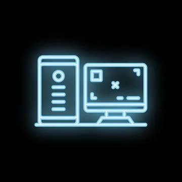 Neon computer icon glowing on dark background Stock Illustration