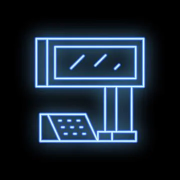 Neon computer icon with keyboard and monitor glowing blue Stock Illustration
