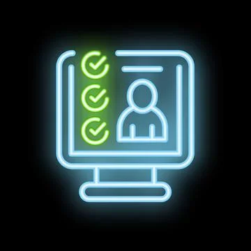 Neon computer icon showing customer completing online survey Stock Illustration