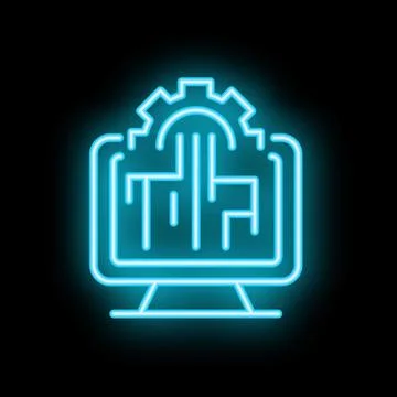Neon computer icon showing microchip being programmed with gear Ilustración de archivo
