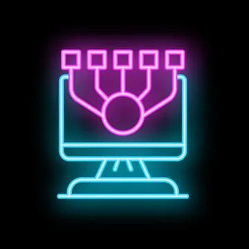 Neon computer icon showing network hub with connected devices Illustrazione stock