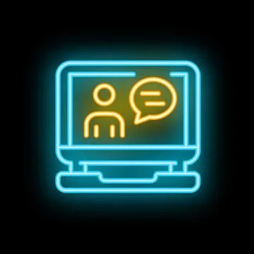 Neon computer icon showing online communication with speech bubble Stock Illustration