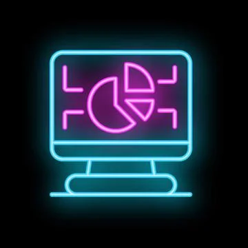 Neon computer icon showing pie chart displaying business analytics Illustrazione stock