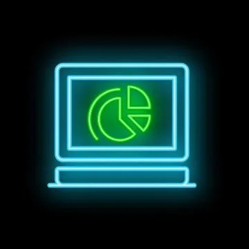 Neon computer icon showing pie chart on screen for data analysis Stock Illustration