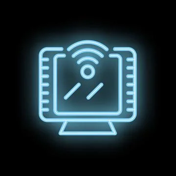 Neon computer icon showing wireless signal on black background Stock Illustration