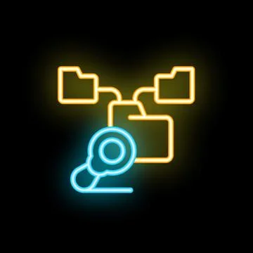 Neon computer mouse connecting folders sharing files on black background Stock Illustration