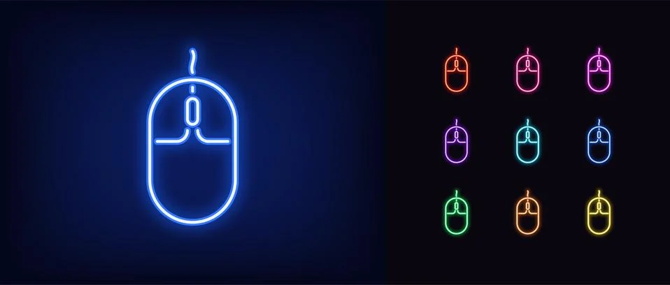 Neon computer mouse icon. Glowing neon mouse sign, set of isolated gaming mou Stock Illustration