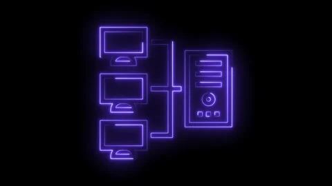 Neon computer network connecting multiple displays to a server digital Stock Footage 322960669