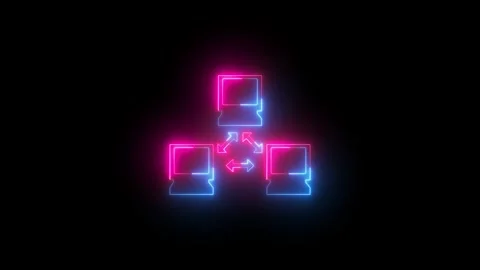 Neon computer network icon blue pink color animation black background Stock Footage 265398289