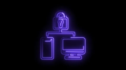 Neon computer network with security lock connecting phone and computer on dark Stock Footage 330785234