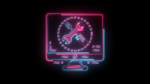 Neon computer repair icon animation with tools symbolizing technical support and Stock Footage 322989768