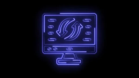 Neon computer screen animation with rotating arrows for data processing and Stock Footage 322989039