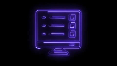 Neon computer screen with checkboxes and data fields glowing on black background Stock Footage 322986014