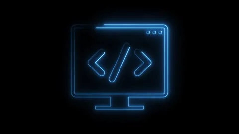 Neon computer screen with code symbol glows on black background animation f.. 库存影片 308216740