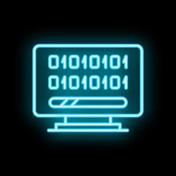 Neon computer screen displaying binary code and progress bar 스톡 일러스트