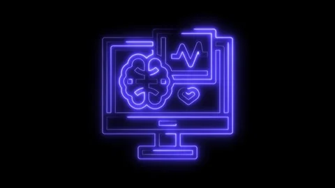 Neon computer screen displaying brain heart rate monitor technology animation on Stock Footage 322971855