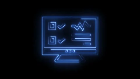 Neon computer screen displaying business data and analytics on dark background Stock Footage 322983015