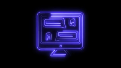 Neon computer screen displaying chat boxes and a q icons on a black background Stock Footage 322971169