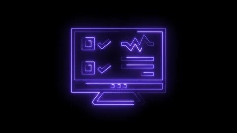 Neon computer screen displaying data statistics and checklist on dark background Stock Footage 322983013