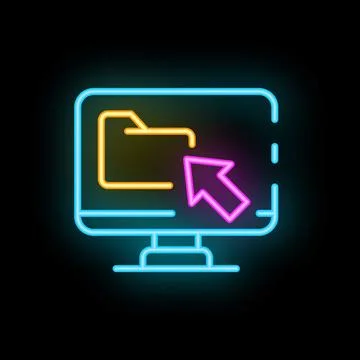 Neon computer screen displaying folder icon with mouse cursor pointing at it Stock Illustration