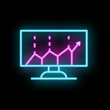 Neon computer screen displaying growing chart icon Stock Illustration