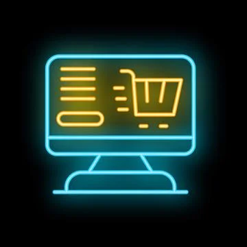 Neon computer screen displaying online shopping cart icon Stock Illustration