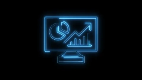 Neon computer screen displaying pie chart,bar graph,and rising arrow on bla.. Stock Footage 312316237
