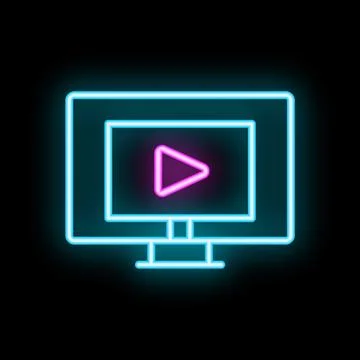 Neon computer screen displaying play button icon on dark background Stock Illustration