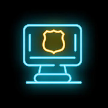 Neon computer screen displaying police badge icon Stock Illustration