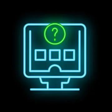 Neon computer screen displaying question mark inside website interface Stock Illustration